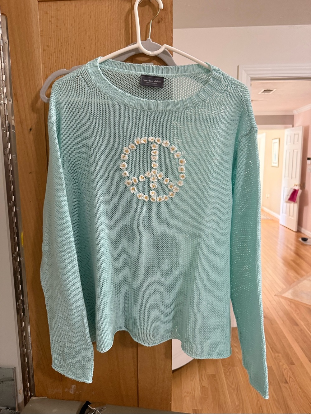 Wooden Ships Mint Aqua Knit Sweater with Floral Peace Motif - Picture 4 of 4
